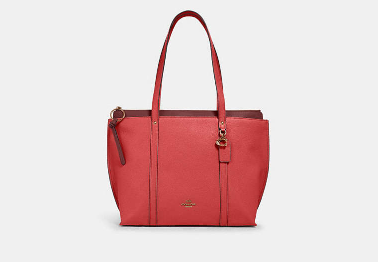 COACH®,MAY TOTE,Leather,Large,Gold/Bright Coral,Front View