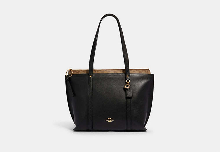 COACH®,MAY TOTE WITH SIGNATURE CANVAS DETAIL,pvc,Medium,Gold/Black Khaki,Front View