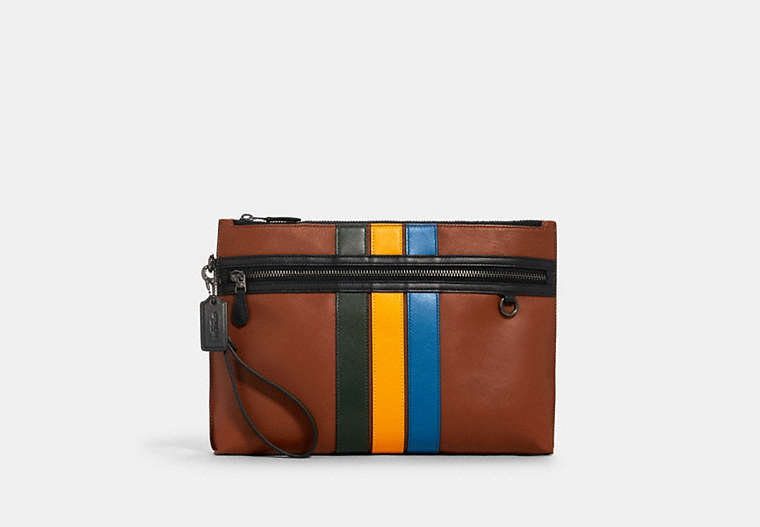 COACH®,CARRYALL POUCH IN COLORBLOCK WITH VARSITY STRIPE,Leather,Medium,Gunmetal/Redwood Mutli,Front View