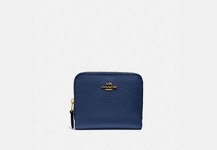 COACH®,BILLFOLD WALLET,Pebbled Leather,Mini,Brass/Deep Blue,Front View image number 0