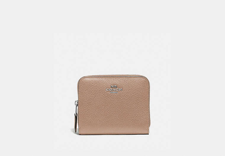 COACH®,BILLFOLD WALLET,Pebbled Leather,Mini,Light Antique Nickel/Taupe,Front View