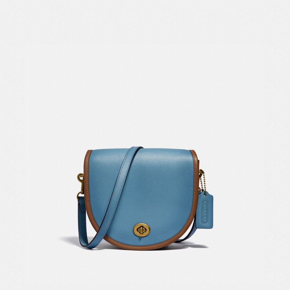 COACH®,TURNLOCK SADDLE CROSSBODY IN COLORBLOCK,Smooth Leather,Small,Brass/Pacific Blue Multi,Front View