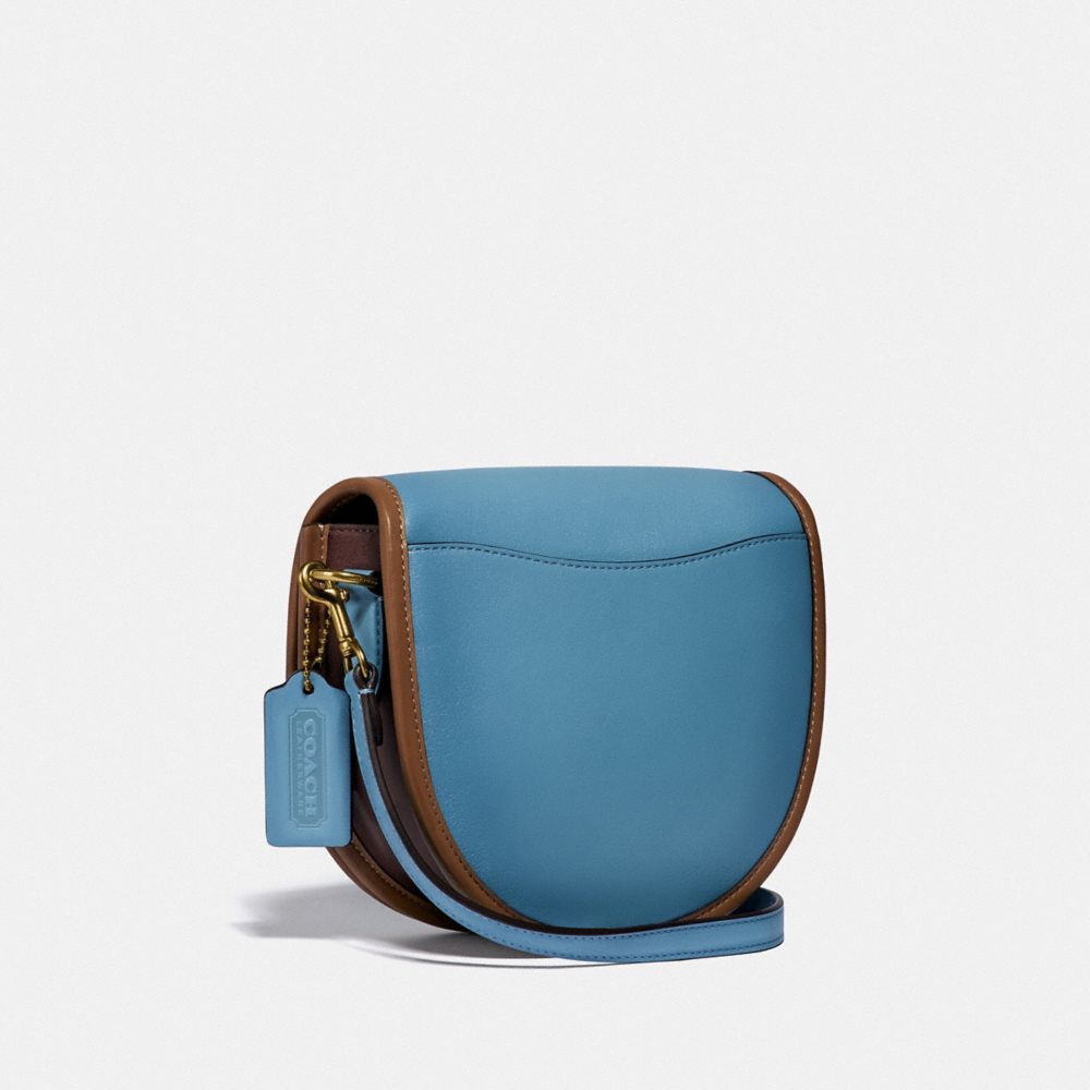 COACH®,TURNLOCK SADDLE CROSSBODY IN COLORBLOCK,Smooth Leather,Small,Brass/Pacific Blue Multi,Angle View