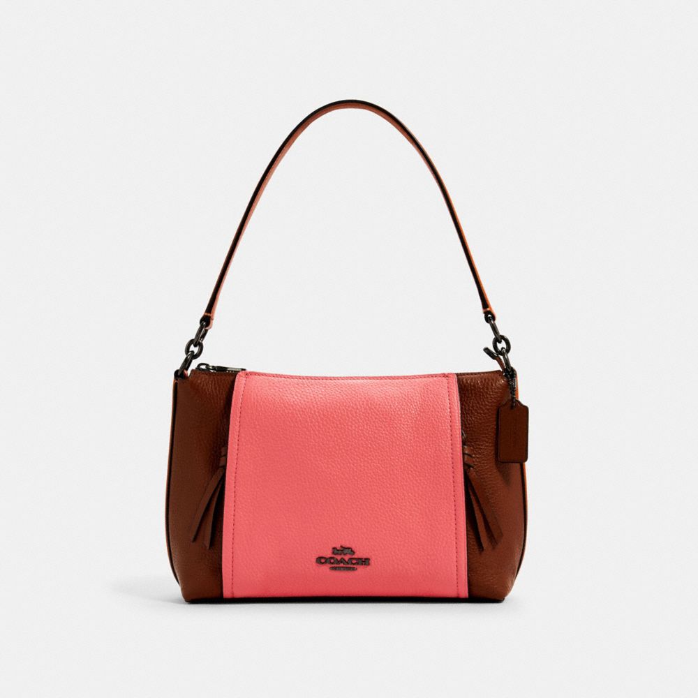 COACH®,SMALL MARLON SHOULDER BAG IN COLORBLOCK,Leather,Gunmetal/Redwood/Pink Lemonade Multi,Front View