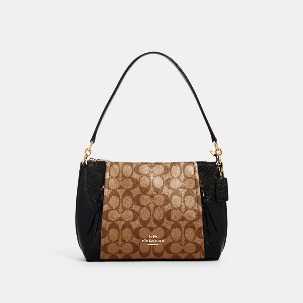 COACH®,SMALL MARLON SHOULDER BAG IN SIGNATURE CANVAS,pvc,Gold/KHAKI/BLACK,Front View