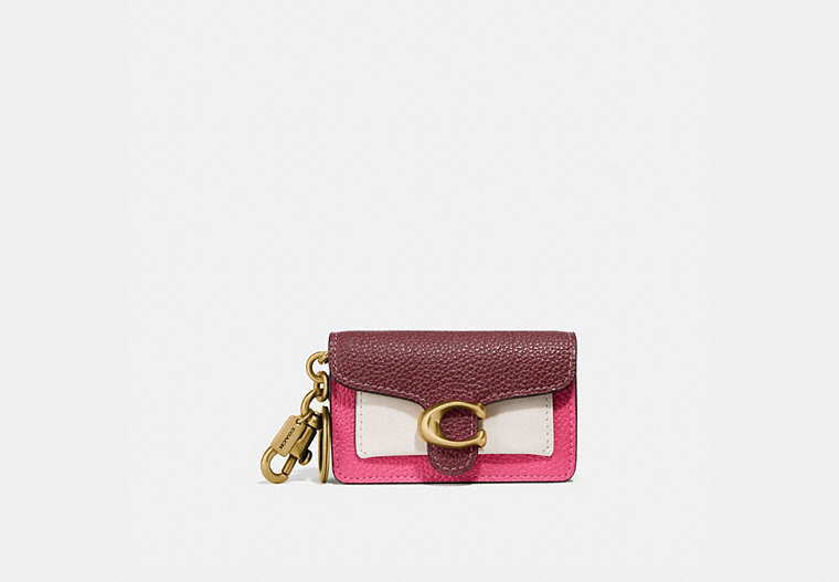 COACH®,MINI TABBY BAG CHARM IN COLORBLOCK,Leather,Mini,Brass/Wine Chalk Confetti Pink,Front View