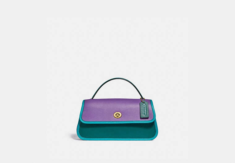 COACH®,TURNLOCK CLUTCH IN COLORBLOCK,Leather,Small,Brass/Bright Violet Multi,Front View