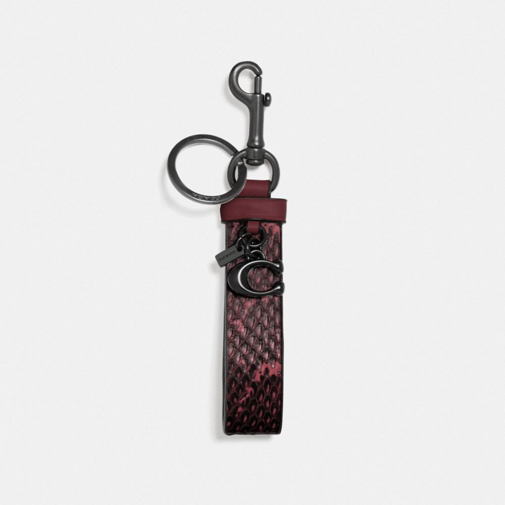COACH®,LOOP BAG CHARM IN SNAKESKIN,Leather,Pewter/Wine Dark Pink,Front View