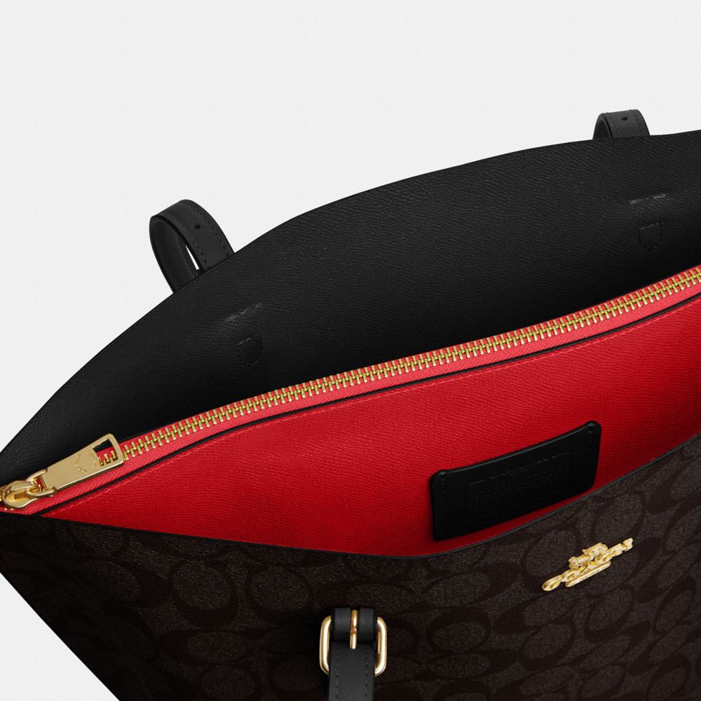 COACH®,Mollie Tote Bag In Signature Canvas,Canvas,Leather,Tote,PVC,Logo,Gold Metal,Work,Brown,Closer View