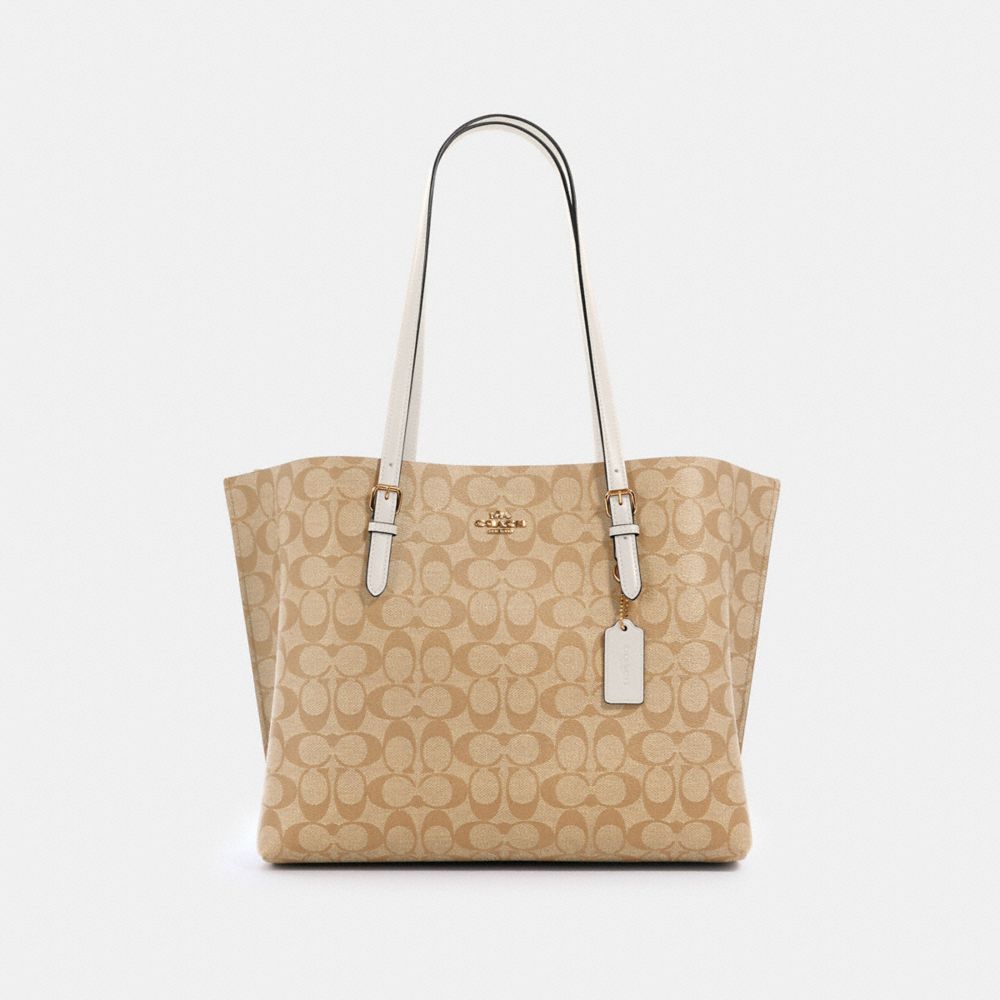 COACH®,Mollie Tote Bag In Signature Canvas,Leather,Canvas,Tote,PVC,Logo,Gold Metal,Work,Beige,Front View