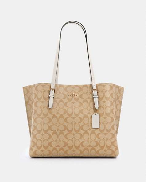 COACH®,MOLLIE TOTE BAG IN SIGNATURE CANVAS,pvc,X-Large,Everyday,Gold/Light Khaki Chalk,Front View