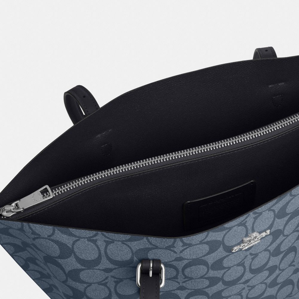 COACH®,Mollie Tote Bag In Signature Canvas,Leather,Canvas,Tote,PVC,Logo,Gold Metal,Work,Navy,Closer View