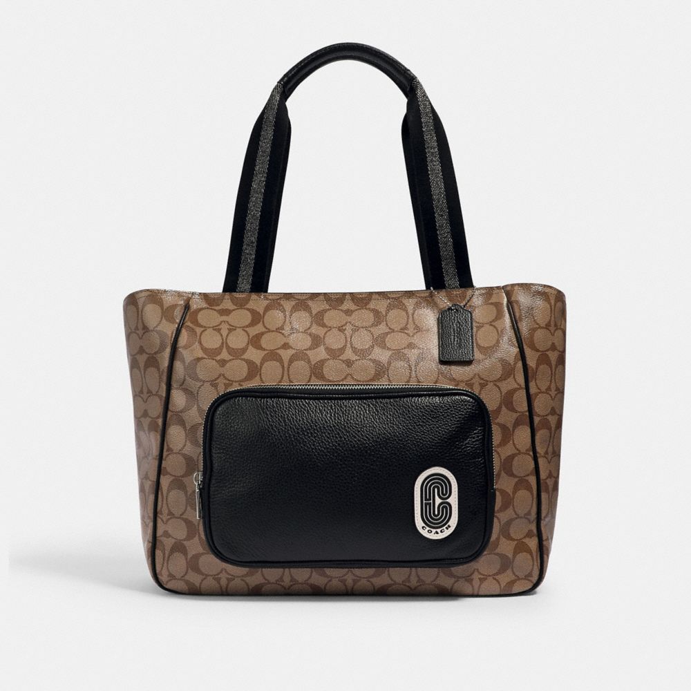 COACH®,COURT TOTE IN SIGNATURE CANVAS WITH COACH PATCH,Silver/Khaki/Black,Front View