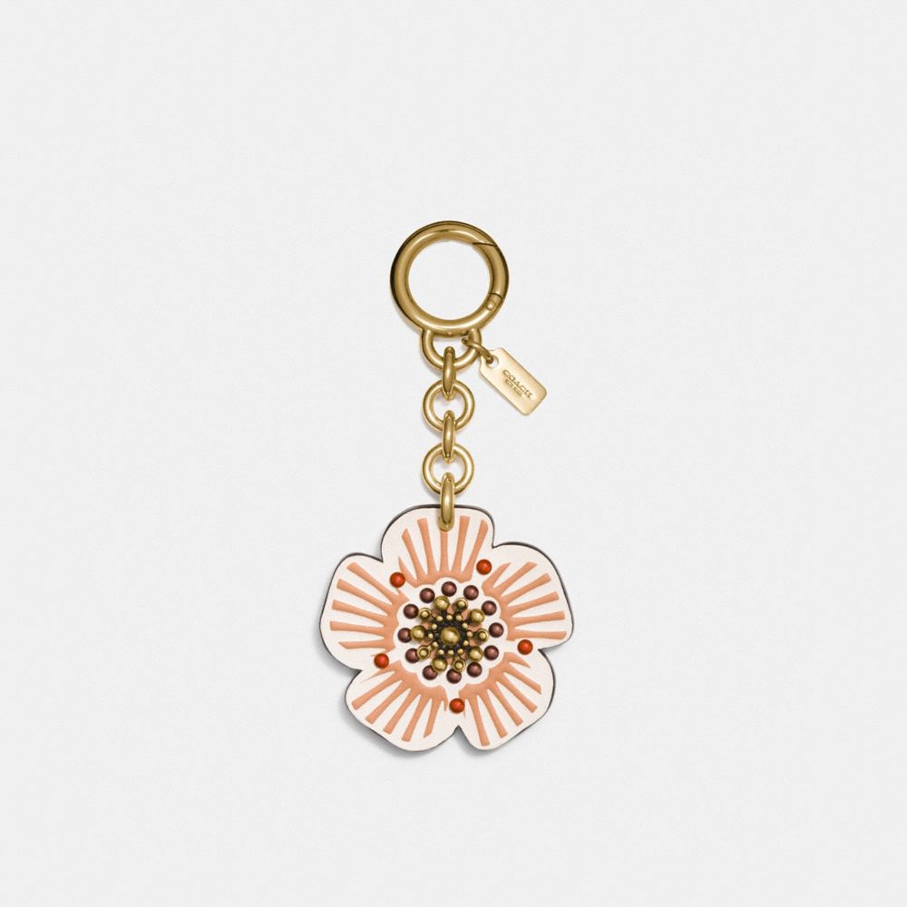 COACH®,TEA ROSE BAG CHARM,Mini,Floral,Gold/Chalk,Front View image number 0