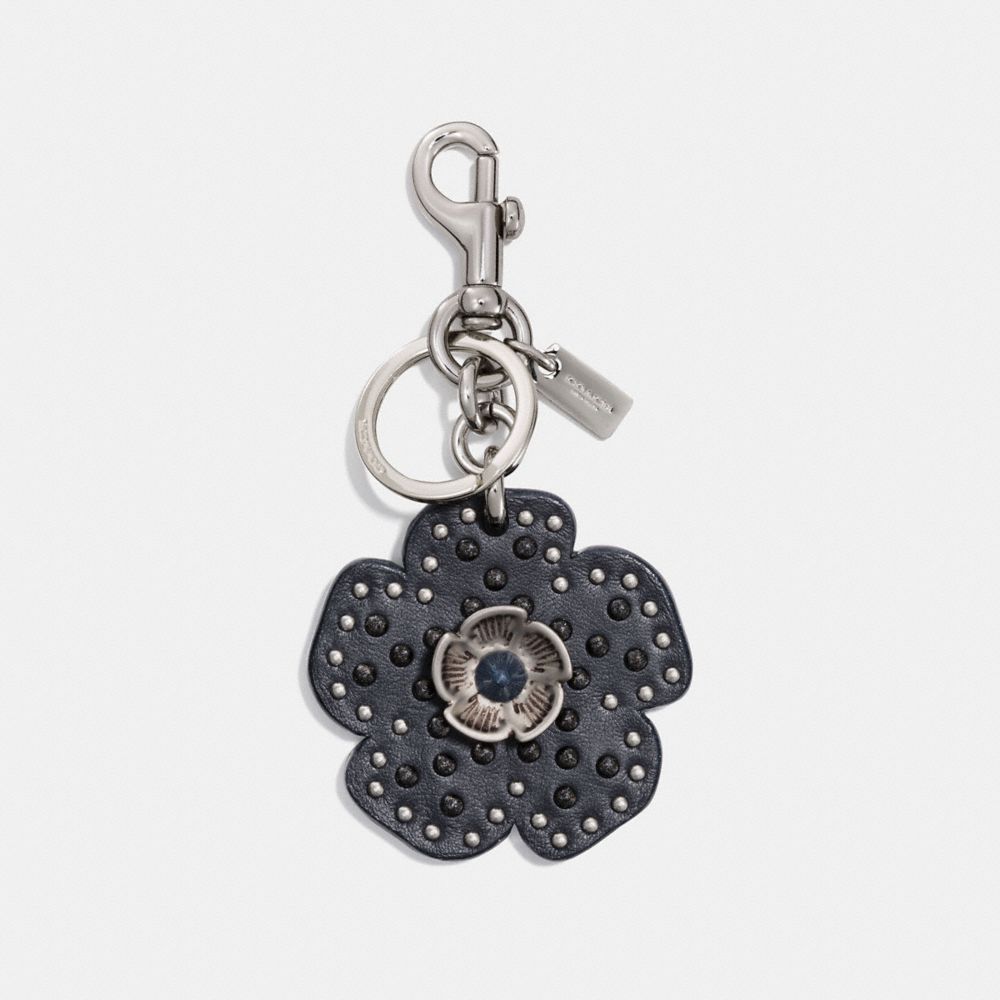 COACH®,Tea Rose Bag Charm,Key Chain,Leather,Glitter,Studded,Black Metal,,Front View