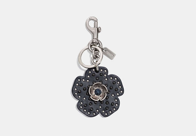 COACH®,TEA ROSE BAG CHARM,Leather,Mini,Floral,Silver/Midnight Navy,Front View