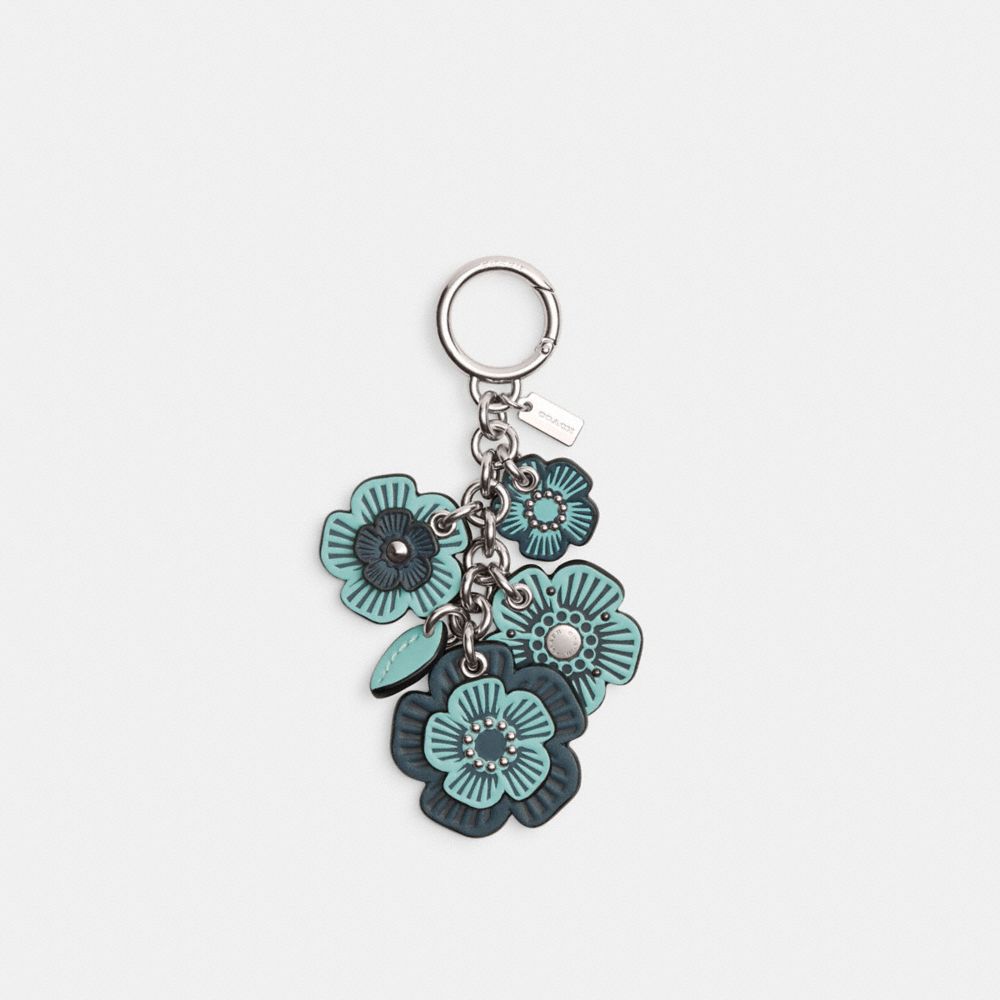 Leather Flower Bag Charm Keychain - Blue Multi