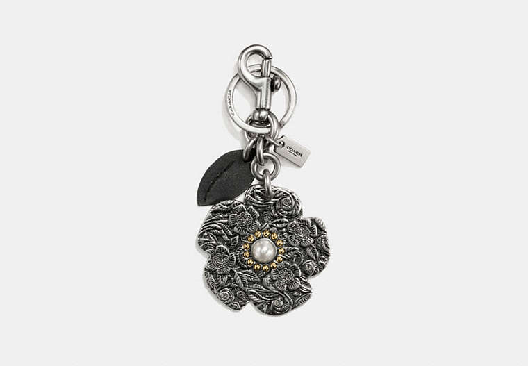 COACH®,TOOLED TEA ROSE BAG CHARM,Metal,SILVER/SILVER,Front View