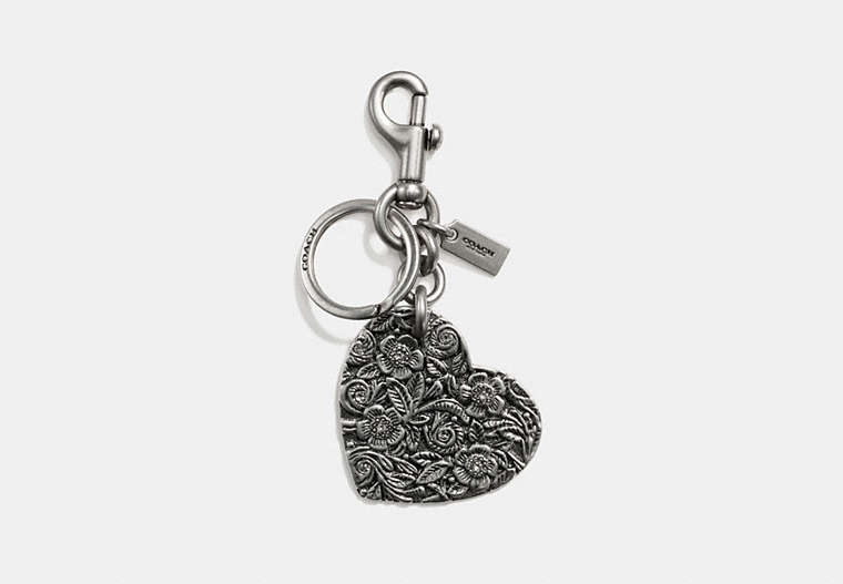 COACH®,TOOLED HEART BAG CHARM,Metal,SILVER/SILVER,Front View image number 0