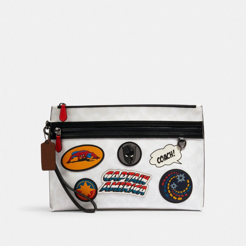 COACH®,Coach │ Marvel Carryall Pouch In Signature Canvas With Patches,,Front View