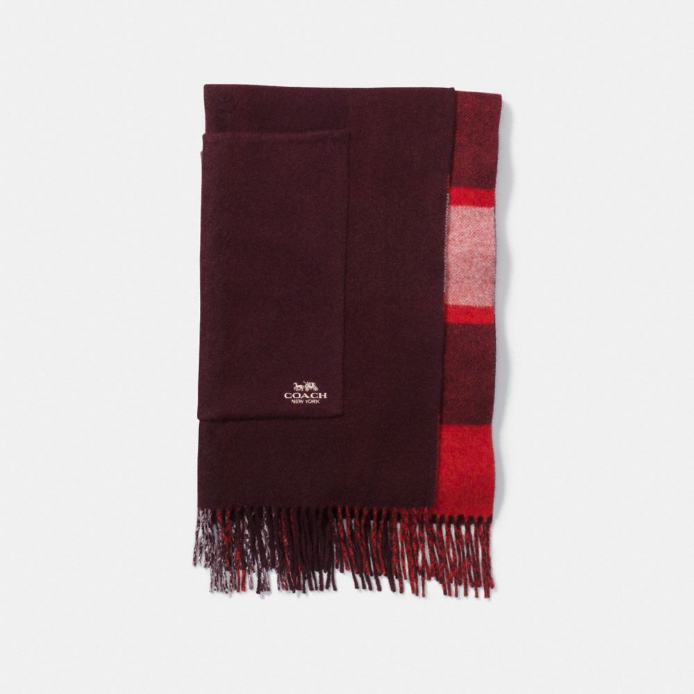 COACH®,REVERSIBLE PLAID PRINT CASHMERE OVERSIZED MUFFLER,cashmere,Oxblood Multi,Front View image number 0