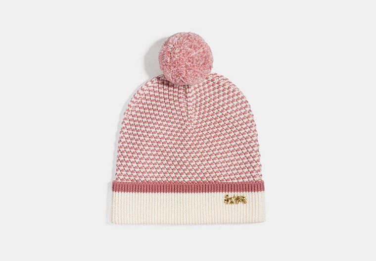 COACH®,CHARM KNIT HAT,wool,Chalk/Dusty Rose,Front View