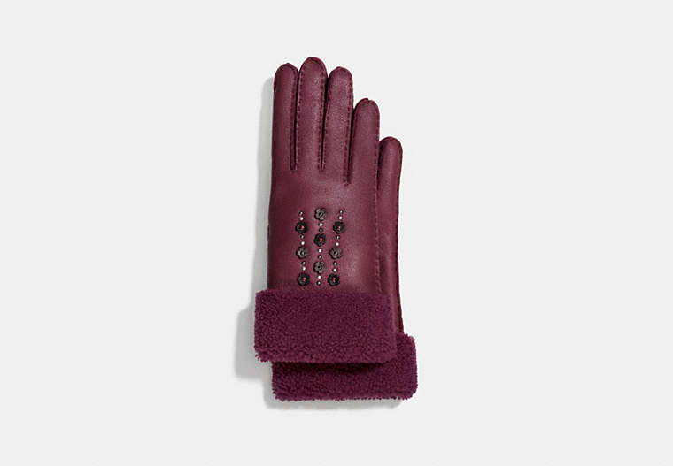 COACH®,TEA ROSE EMBELLISHED GLOVES,Leather,OXBLOOD,Front View