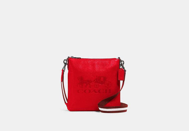 COACH®,JES SLIM CROSSBODY WITH HORSE AND CARRIAGE,Leather,Gunmetal/Miami Red,Front View