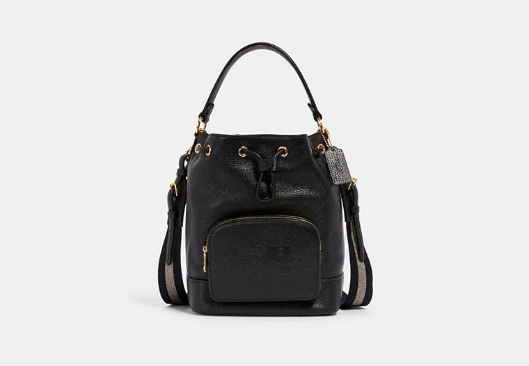 COACH®,JES DRAWSTRING BUCKET BAG WITH HORSE AND CARRIAGE,Leather,Gold/Black,Front View