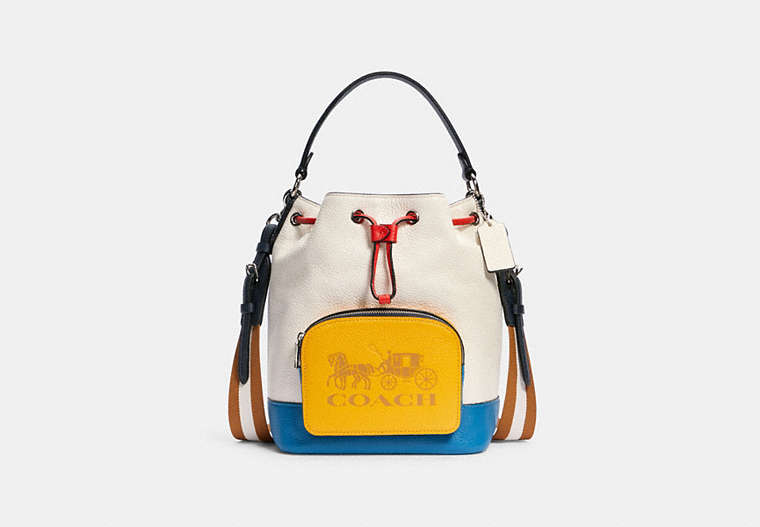 COACH®,JES DRAWSTRING BUCKET BAG IN COLORBLOCK WITH HORSE AND CARRIAGE,Leather,Silver/Chalk Multi,Front View