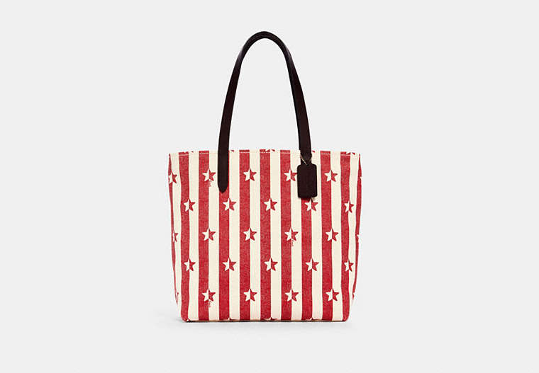 COACH®,TOTE WITH STRIPE STAR PRINT,cotton,Silver/Chalk Red Multi,Front View