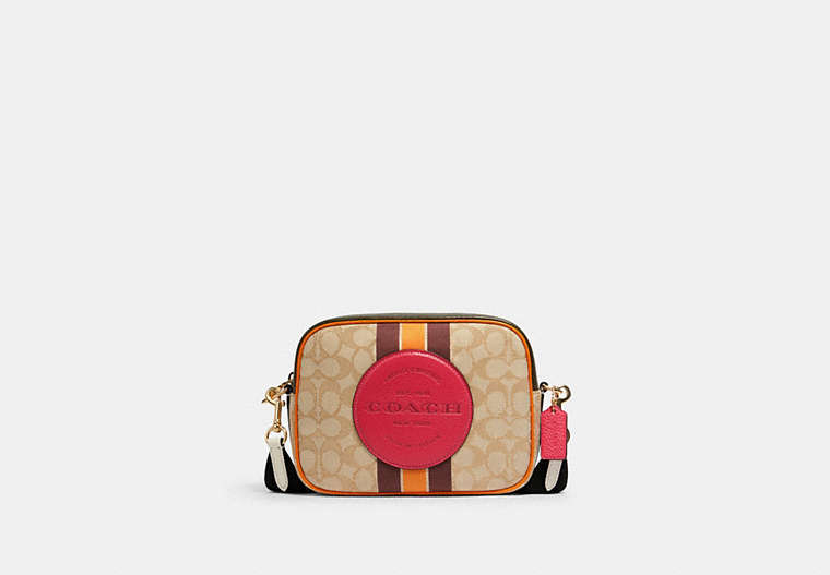 COACH®,DEMPSEY CAMERA BAG IN SIGNATURE JACQUARD WITH STRIPE AND COACH PATCH,cotton,Medium,Gold/Lt Khaki Electric Pink,Front View
