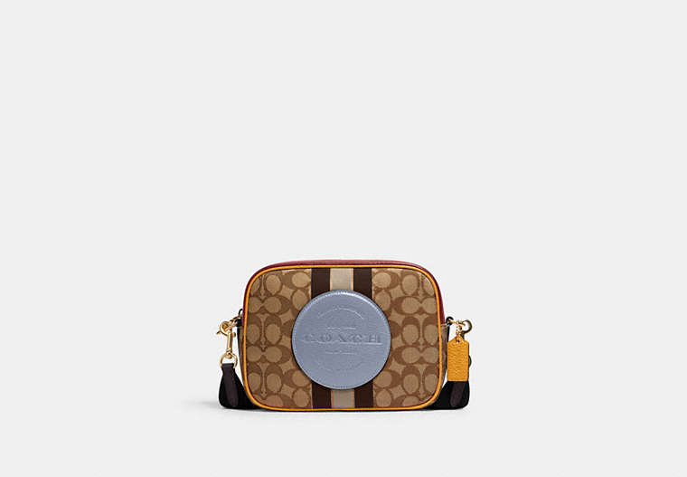COACH®,DEMPSEY CAMERA BAG IN SIGNATURE JACQUARD WITH STRIPE AND COACH PATCH,cotton,Medium,Gold/Khaki/Mist Multi,Front View