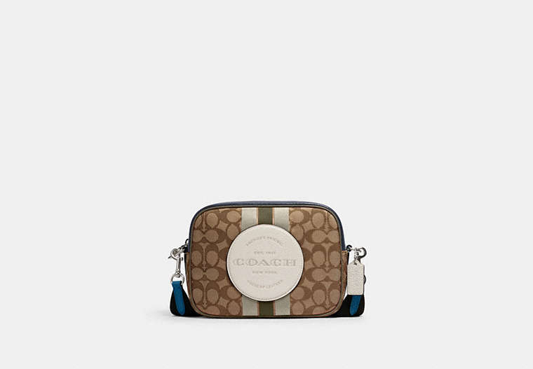 COACH®,DEMPSEY CAMERA BAG IN SIGNATURE JACQUARD WITH STRIPE AND COACH PATCH,cotton,Medium,Silver/Khaki Clk Pale Green Multi,Front View