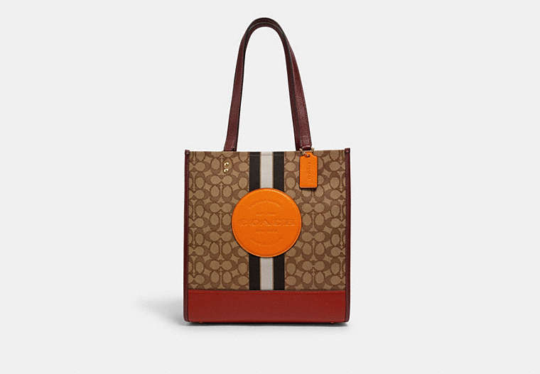 COACH®,DEMPSEY TOTE BAG IN SIGNATURE JACQUARD WITH STRIPE AND COACH PATCH,Jacquard,X-Large,Gold/Khaki Sunbeam Multi,Front View