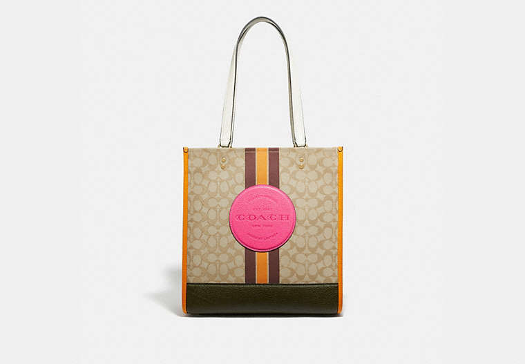 COACH®,DEMPSEY TOTE BAG IN SIGNATURE JACQUARD WITH STRIPE AND COACH PATCH,Jacquard,X-Large,Gold/Lt Khaki Electric Pink,Front View