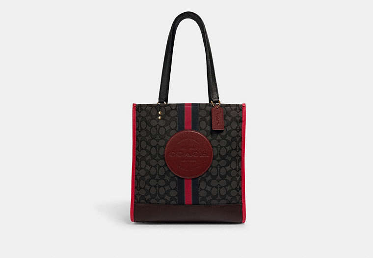 COACH®,DEMPSEY TOTE BAG IN SIGNATURE JACQUARD WITH STRIPE AND COACH PATCH,Jacquard,X-Large,Gold/Black Wine Multi,Front View