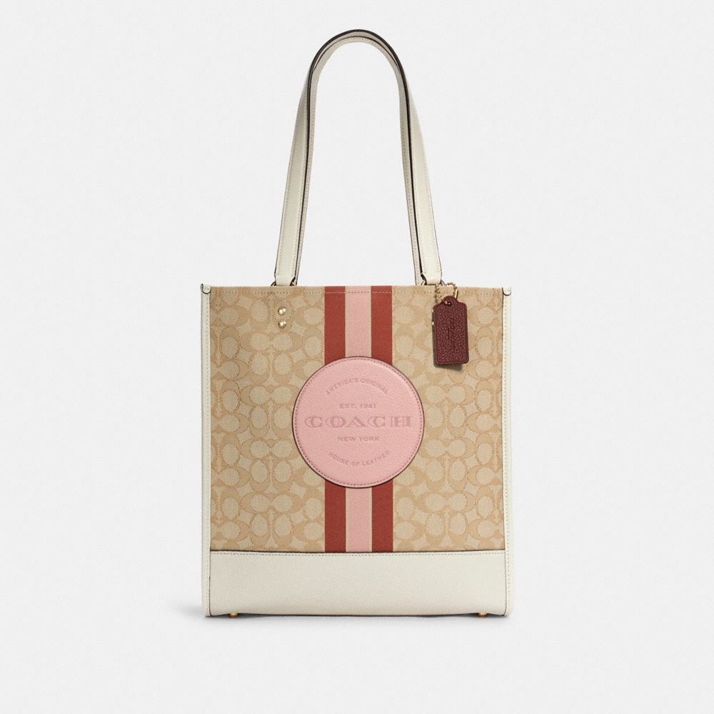 COACH®,DEMPSEY TOTE BAG IN SIGNATURE JACQUARD WITH STRIPE AND COACH PATCH,Jacquard,X-Large,Gold/Lt Khaki/Powder Pink Multi,Front View