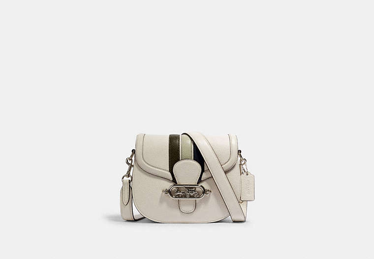 COACH®,JADE SADDLE BAG WITH VARSITY STRIPE,Leather,Medium,Silver/Chalk Pale Green Multi,Front View
