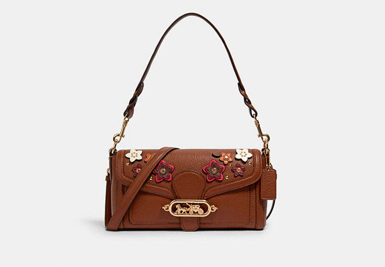 COACH®,JADE SHOULDER BAG WITH DAISY APPLIQUE,Leather,Gold/Redwood Multi,Front View