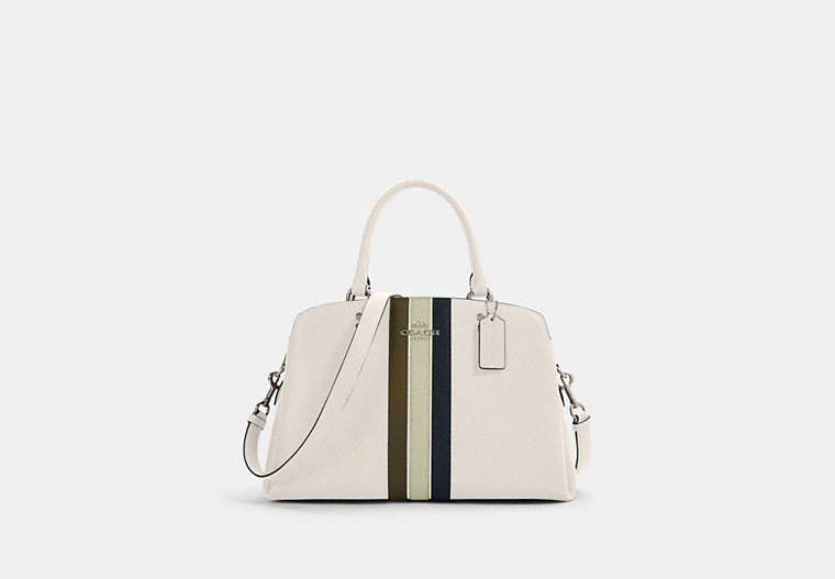 COACH®,LILLIE CARRYALL WITH VARSITY STRIPE,Leather,Silver/Chalk Pale Green Multi,Front View