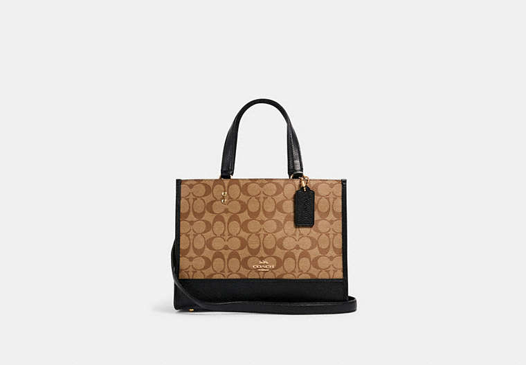 COACH®,DEMPSEY CARRYALL IN SIGNATURE CANVAS,pvc,Large,Gold/KHAKI/BLACK,Front View