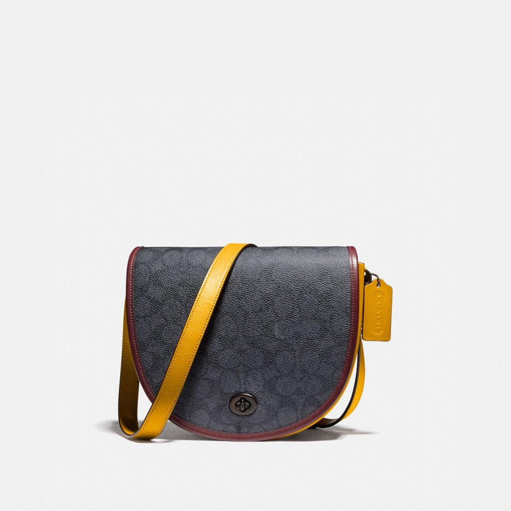 COACH®,TURNLOCK SADDLE CROSSBODY IN SIGNATURE CANVAS,Coated Canvas,Small,Black Copper/Charcoal Multi,Front View