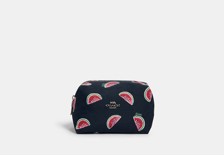 COACH®,SMALL BOXY COSMETIC CASE WITH WATERMELON PRINT,Nylon,Mini,Silver/Navy Red Multi,Front View