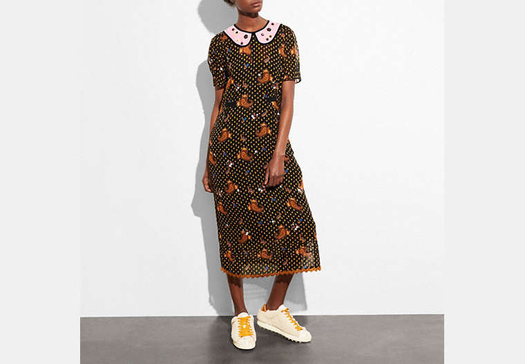 COACH®,EMBROIDERED BOUQUET DRESS,Mixed Material,Black,Front View