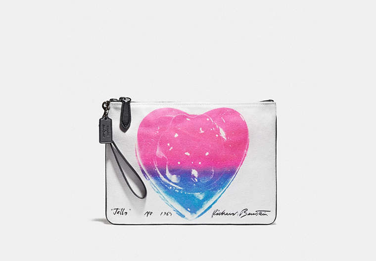 COACH®,COACH X RICHARD BERNSTEIN POUCH 30 WITH JELLO HEART,cotton,GM/Pink Multi,Front View