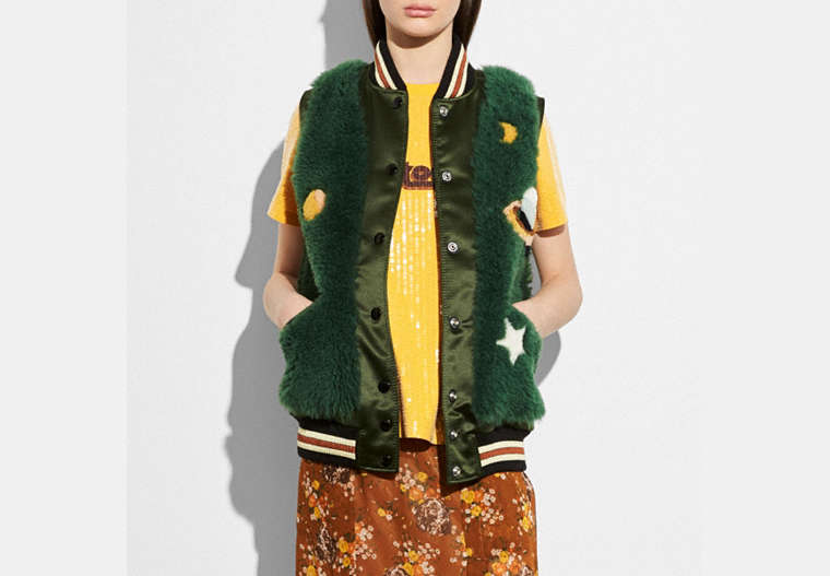 COACH®,PRAIRIE DOG SHEARLING VARSITY VEST,Shearling,GREEN,Front View