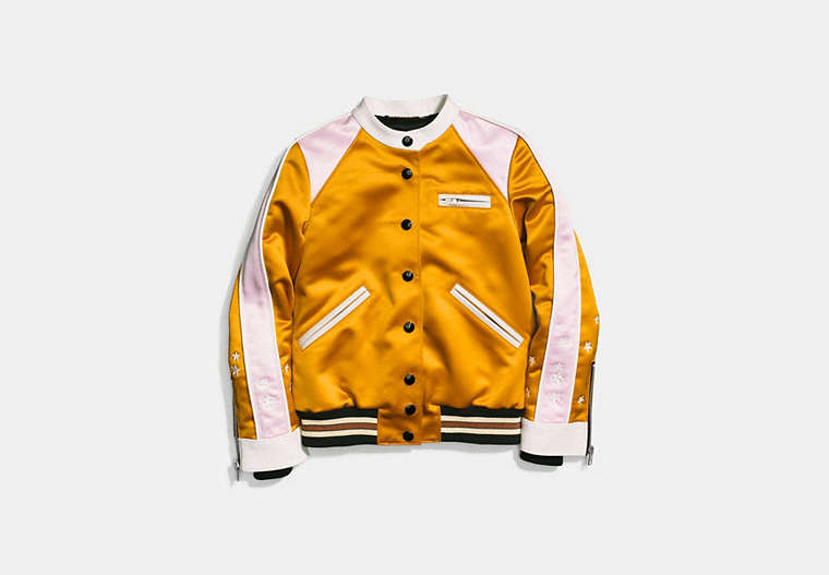 COACH®,VARSITY RACER JACKET,Mixed Material,Deep Clementine,Front View