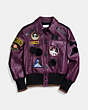 COACH®,LEATHER JACKET WITH PATCHES,Leather,Plum,Front View