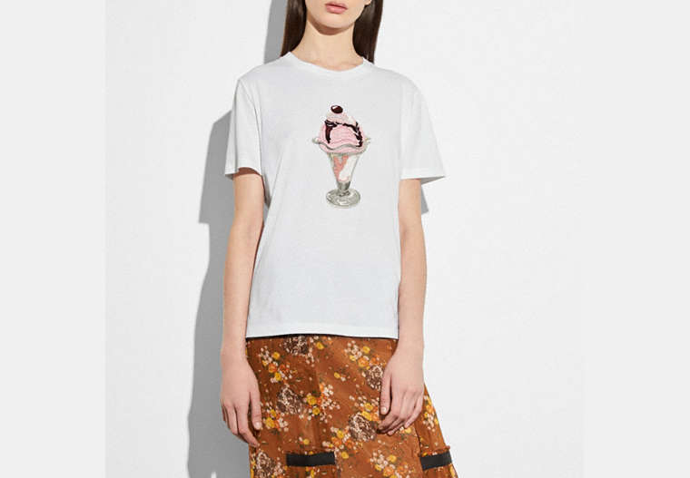 COACH®,EMBELLISHED SUNDAE T-SHIRT,cotton,White,Front View